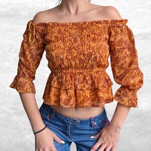 patrons of peace orange smocked off shoulder top